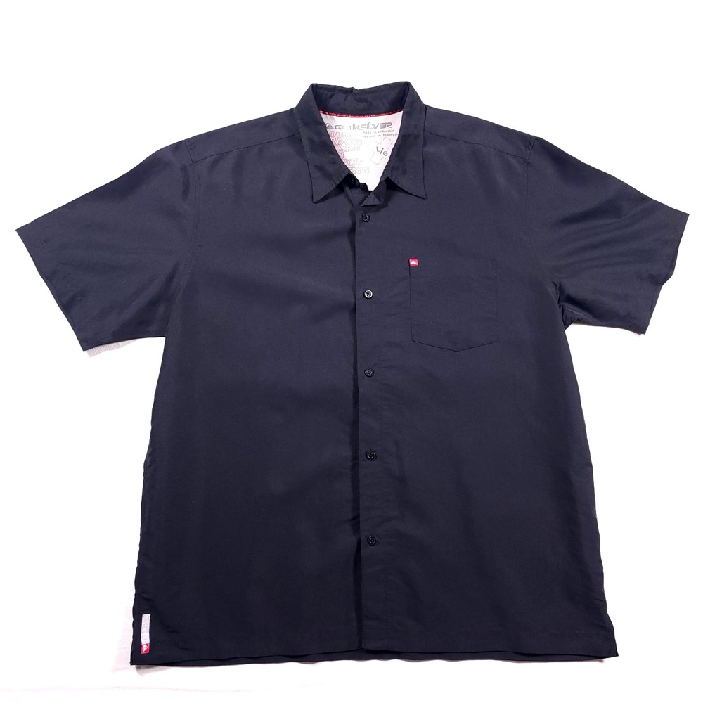 Quiksilver Button Shirt Mens Large Rayon Blend Short Sleeve Black Baggy Skater Y